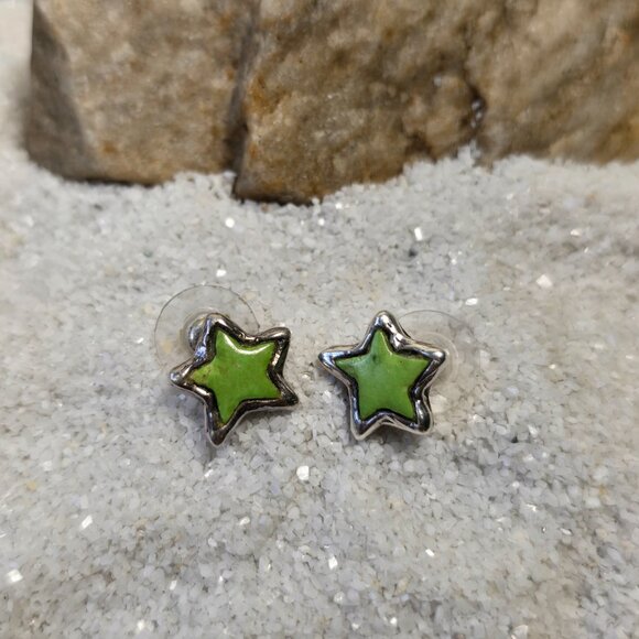 Vintage Peyote Bird 925 Silver and Green Turqouise Star Earrings - Picture 2 of 6
